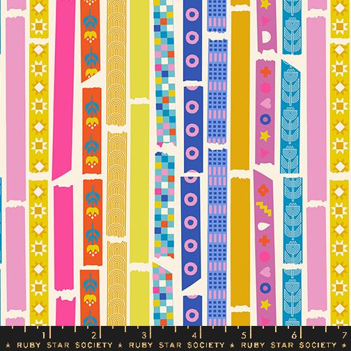 The image is a vibrant collage of colorful, patterned ribbons and stripes in various shades of pink, yellow, blue, and orange. The ribbons and stripes are arranged in a repeating pattern, creating a visually striking and dynamic composition.