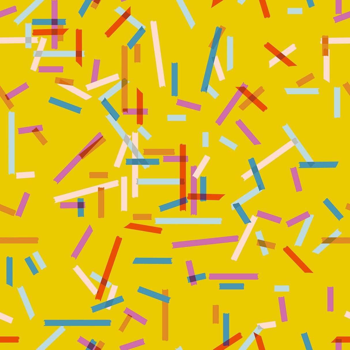 The image is a vibrant and colorful abstract pattern composed of overlapping and intersecting lines and shapes in various bright colors such as yellow, pink, blue, and orange. The pattern appears to be a repeating design, creating a sense of movement and energy.