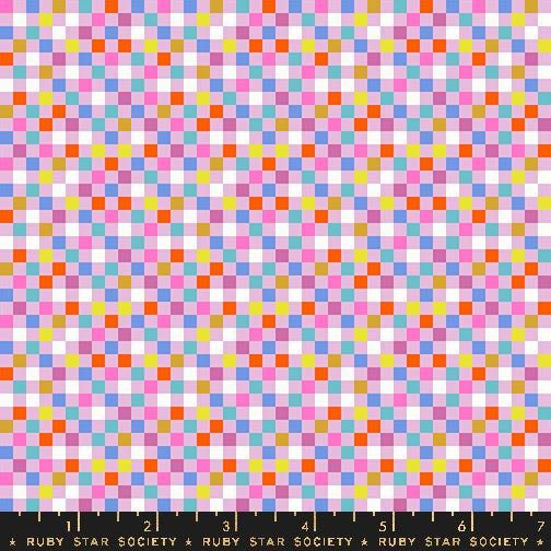 The image is a vibrant and colorful pattern composed of numerous small squares in various shades of pink, blue, yellow, and orange. The pattern appears to be a repeating design, creating a visually striking and eye-catching composition.
