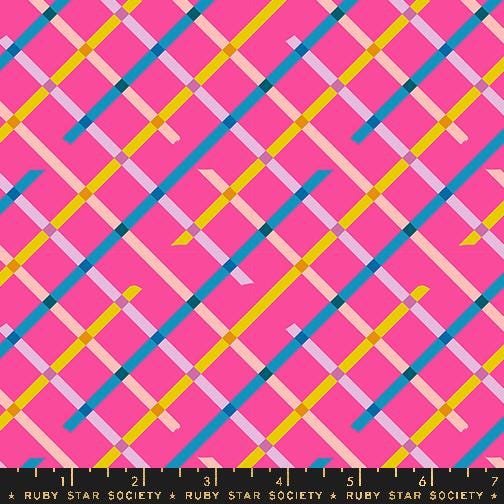 a vibrant and colorful diagonal pattern composed of intersecting lines in various shades of pink, blue, yellow, and green.