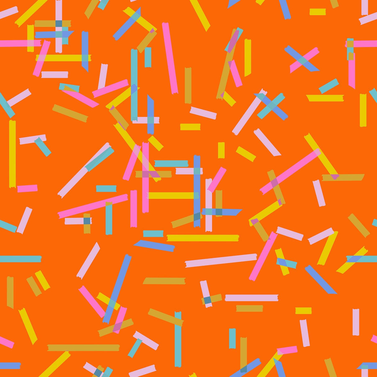 The image is a vibrant and colorful abstract pattern composed of overlapping and intersecting lines and shapes in various bright colors such as orange, pink, blue, and yellow.