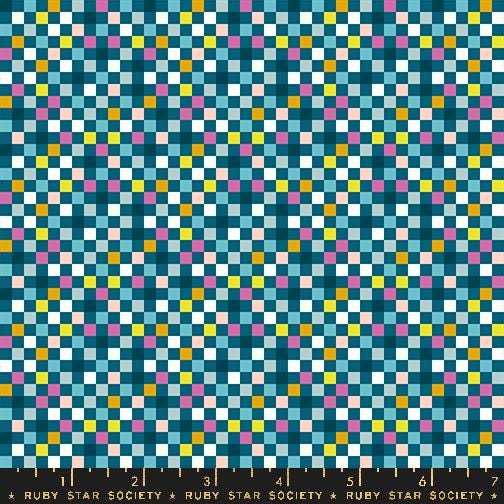 The image is a vibrant and colorful mosaic pattern composed of numerous small squares in various shades of blue, green, yellow, and pink. The pattern appears to be a repeating design, creating a visually striking and intricate visual effect.