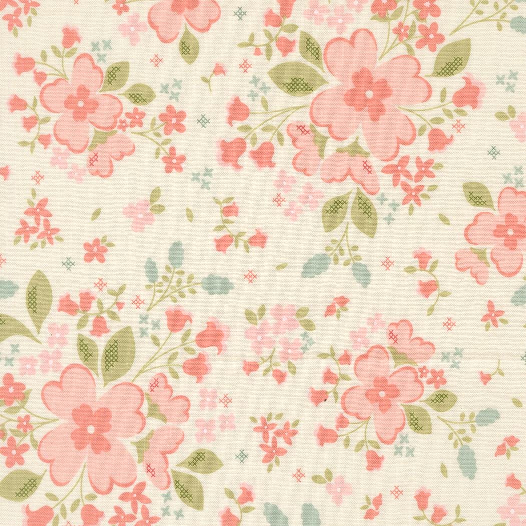 a repeating floral pattern with pink flowers and green leaves on a light-colored background.