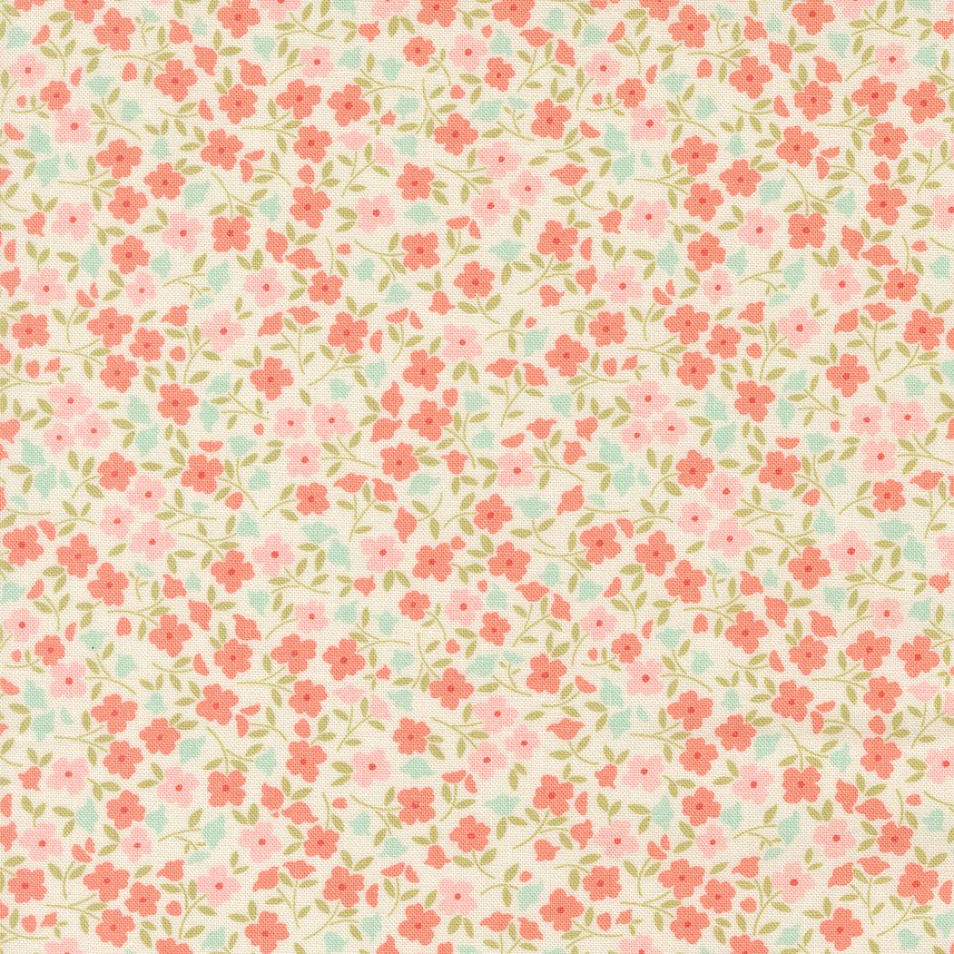 a repeating pattern of pink and green flowers on a light beige background.