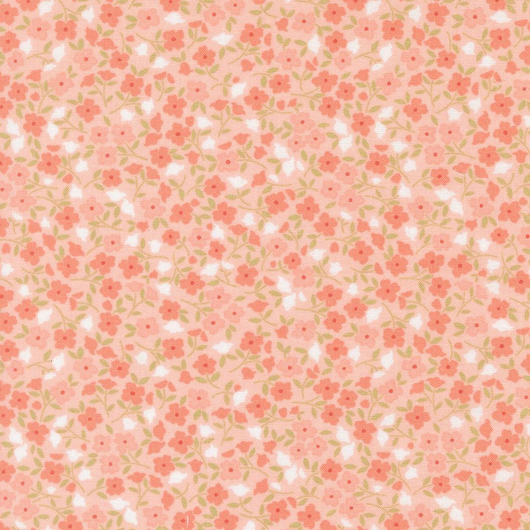 a repeating pattern of small pink flowers with green leaves, creating a visually appealing and harmonious design.