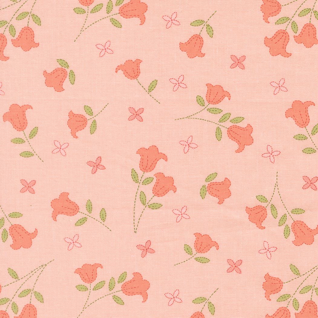 a repeating pattern of pink flowers and green leaves on a light pink background.