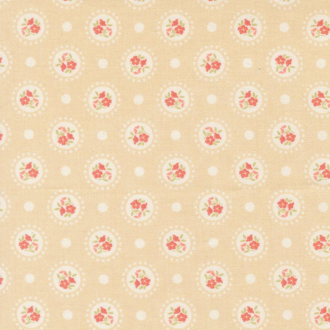 a repeating pattern of circular floral designs on a beige background, with small white dots scattered throughout the pattern.