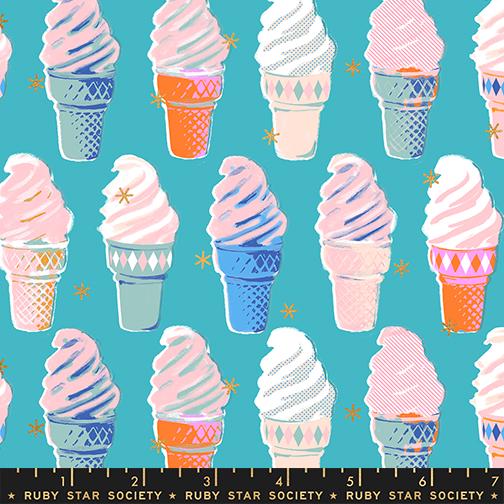 a repeating pattern of colorful ice cream cones against a teal background.