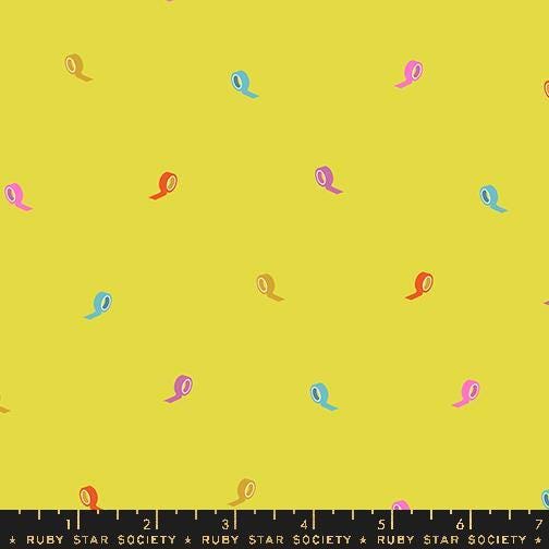 a repeating pattern of colorful tape rolls on a yellow background.