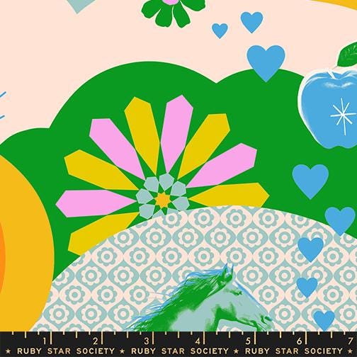 The image is a vibrant and colorful collage featuring various shapes, patterns, and objects, including a horse, hearts, and flowers.