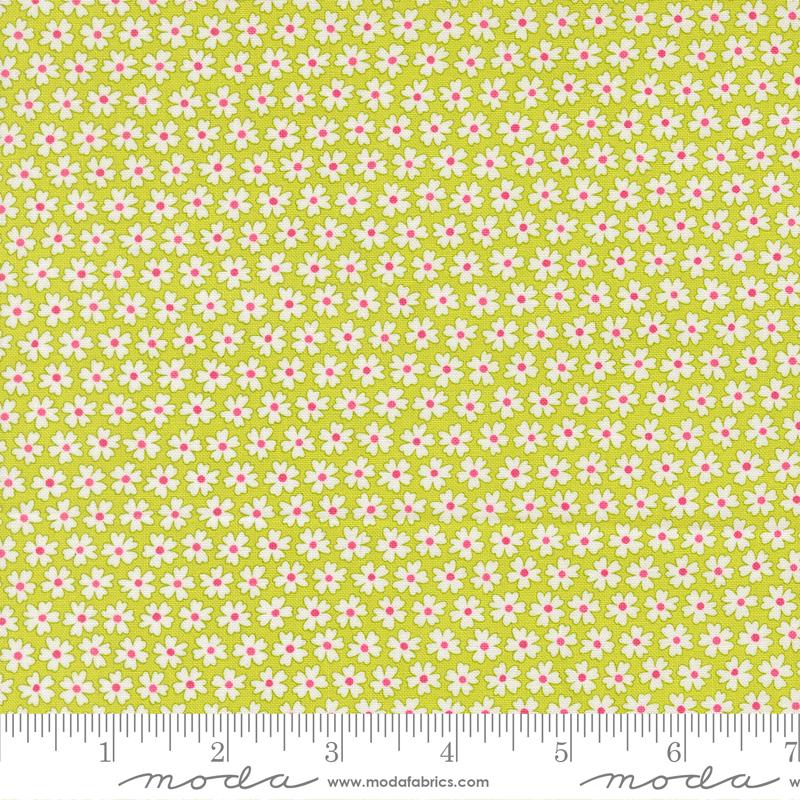 a repeating pattern of small white flowers on a yellow background.
