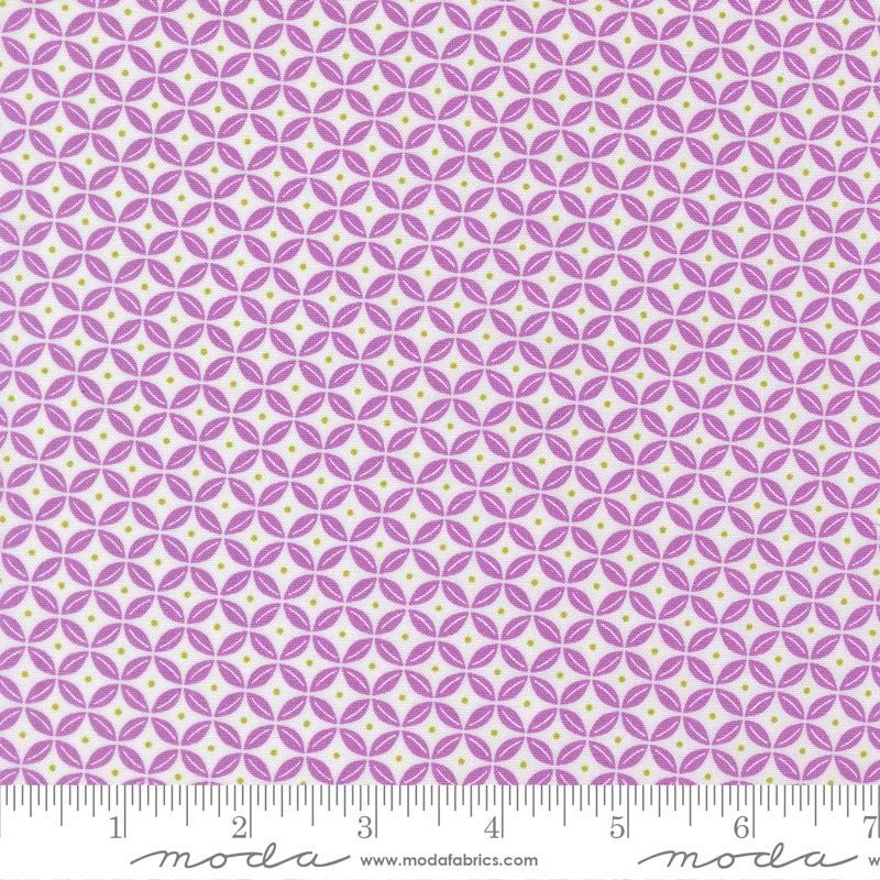 a repeating pattern of purple and white circles on a fabric surface.