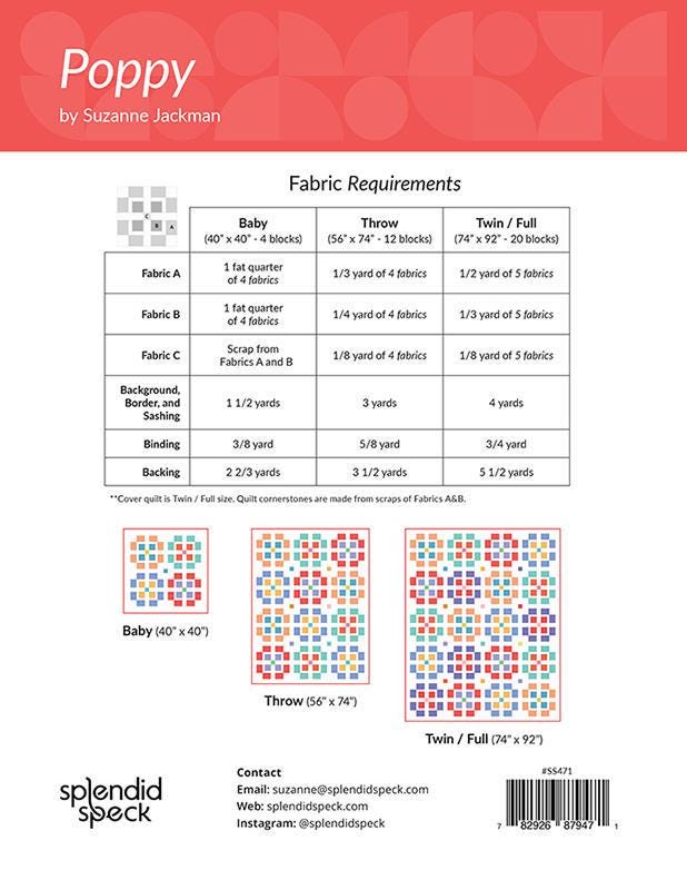 Poppy Quilt Paper Pattern SS471 by Suzanne Jackman for Splendid Speck 3 sizes Baby, Throw and Twin