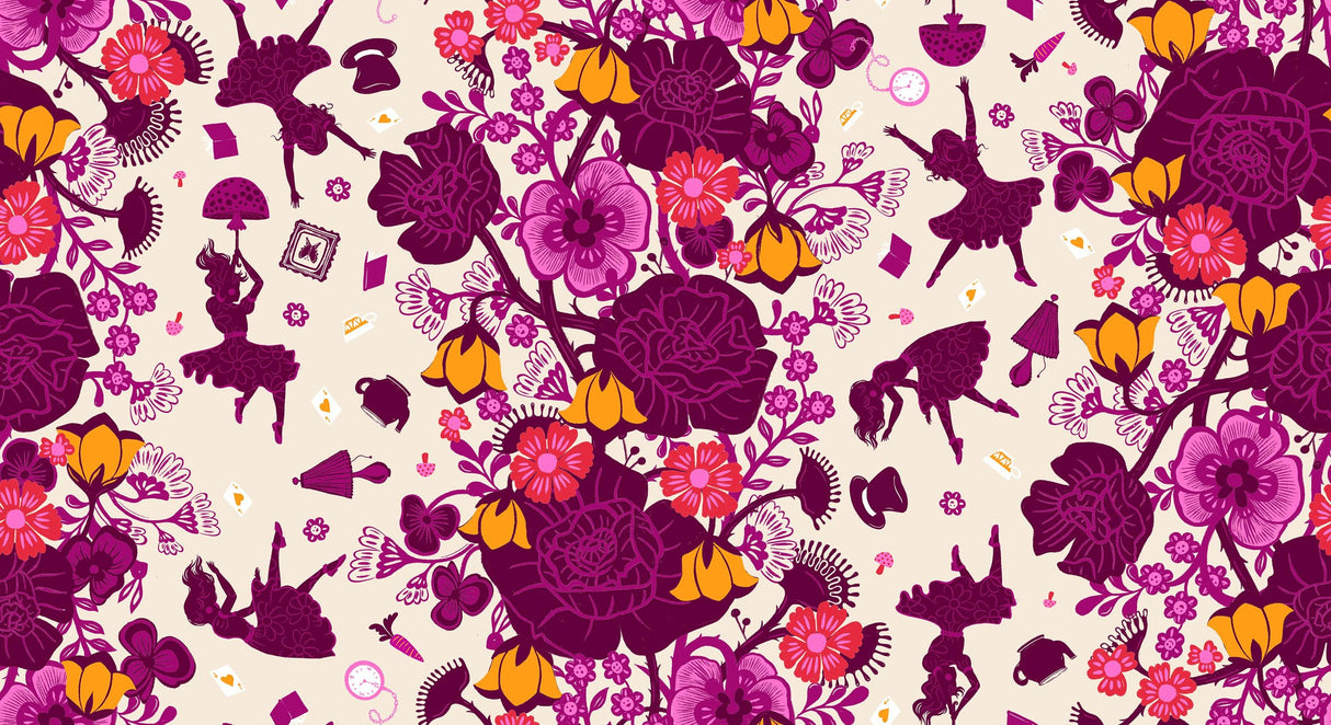 The image is a vibrant and whimsical pattern featuring various silhouettes of dancing figures, flowers, and other decorative elements in shades of purple, pink, and orange.