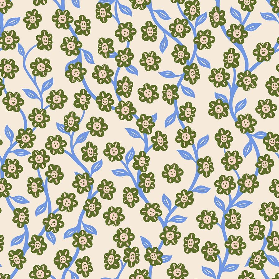 a repeating pattern of stylized green flowers and blue stems against a light beige background.