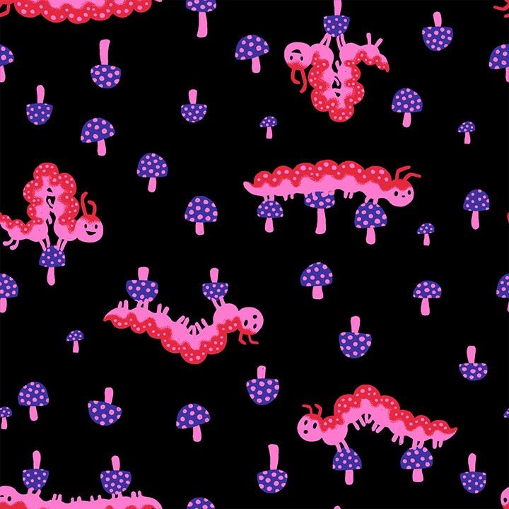 a repeating pattern of pink caterpillars and mushrooms against a black background.