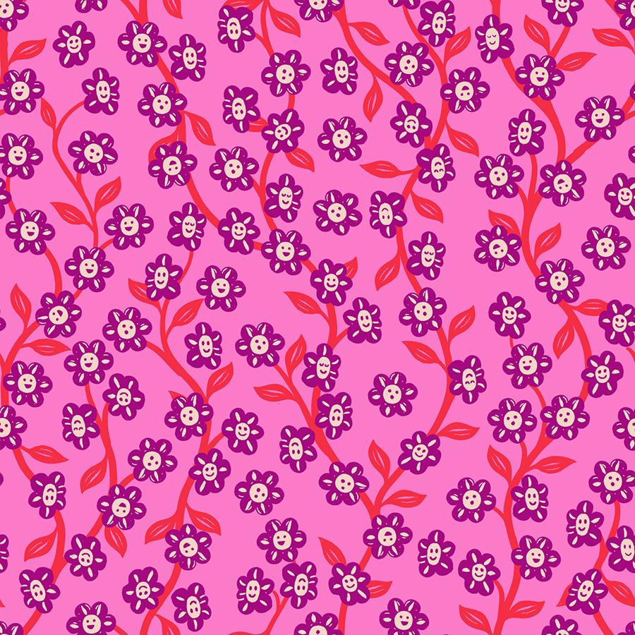 a repeating pattern of purple flowers with red stems against a pink background.
