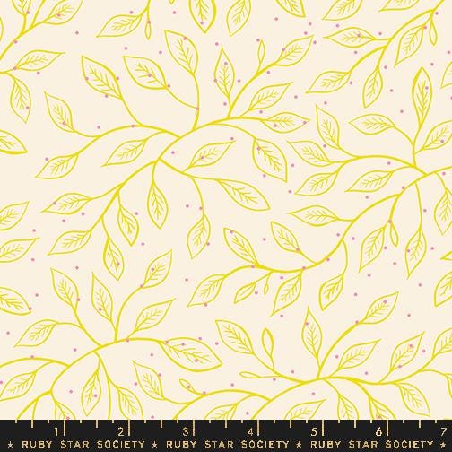 a repeating pattern of yellow leaves and pink dots on a light beige background.
