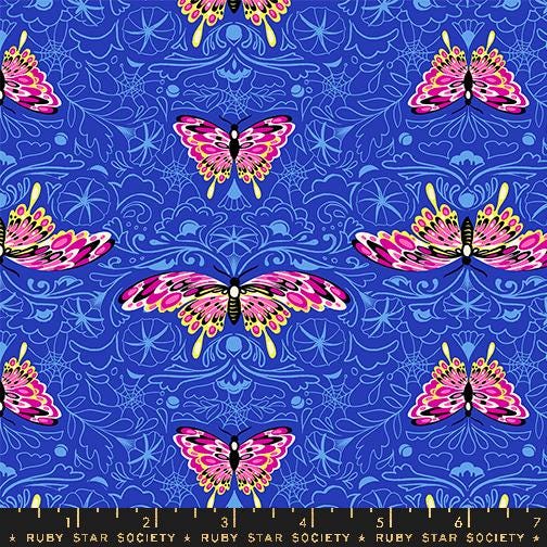 a repeating pattern of pink and yellow butterflies against a blue background.
