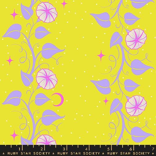 The image is a vibrant and colorful pattern featuring purple and white flowers, leaves, and stars against a bright yellow background.
