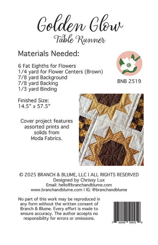 Golden Glow Table Runner Pattern BNB2519 by Chrissy Lux of Branch and Blume 14.5"x 57.5"
