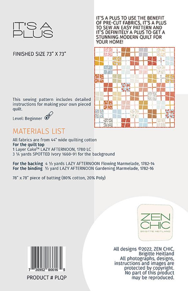 It's A Plus Quilt Pattern ZCPLQP for Zen Chic by Brigitte Heitland