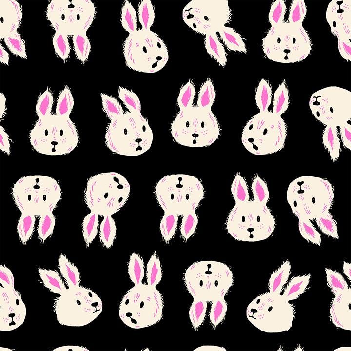 a repeating pattern of stylized white rabbit faces against a black background.
