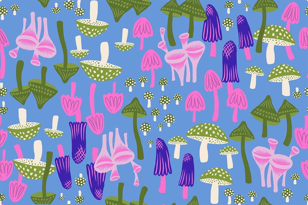 The image is a vibrant and whimsical pattern featuring a variety of colorful mushrooms and other organic shapes against a blue background.