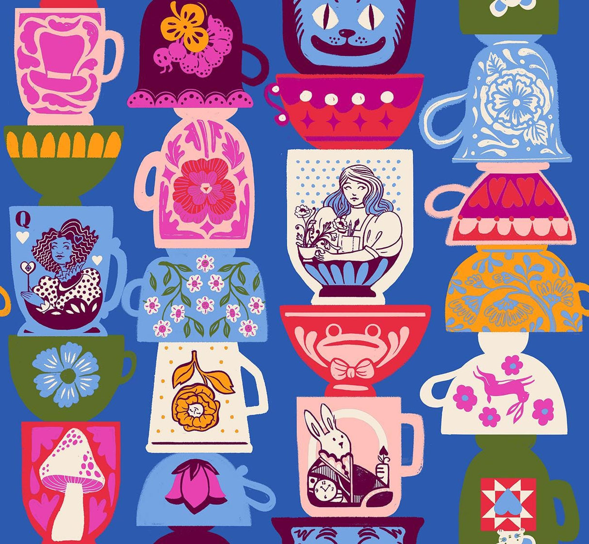 The image is a vibrant collection of various colorful and whimsical mugs and teacups, each with unique designs and patterns.