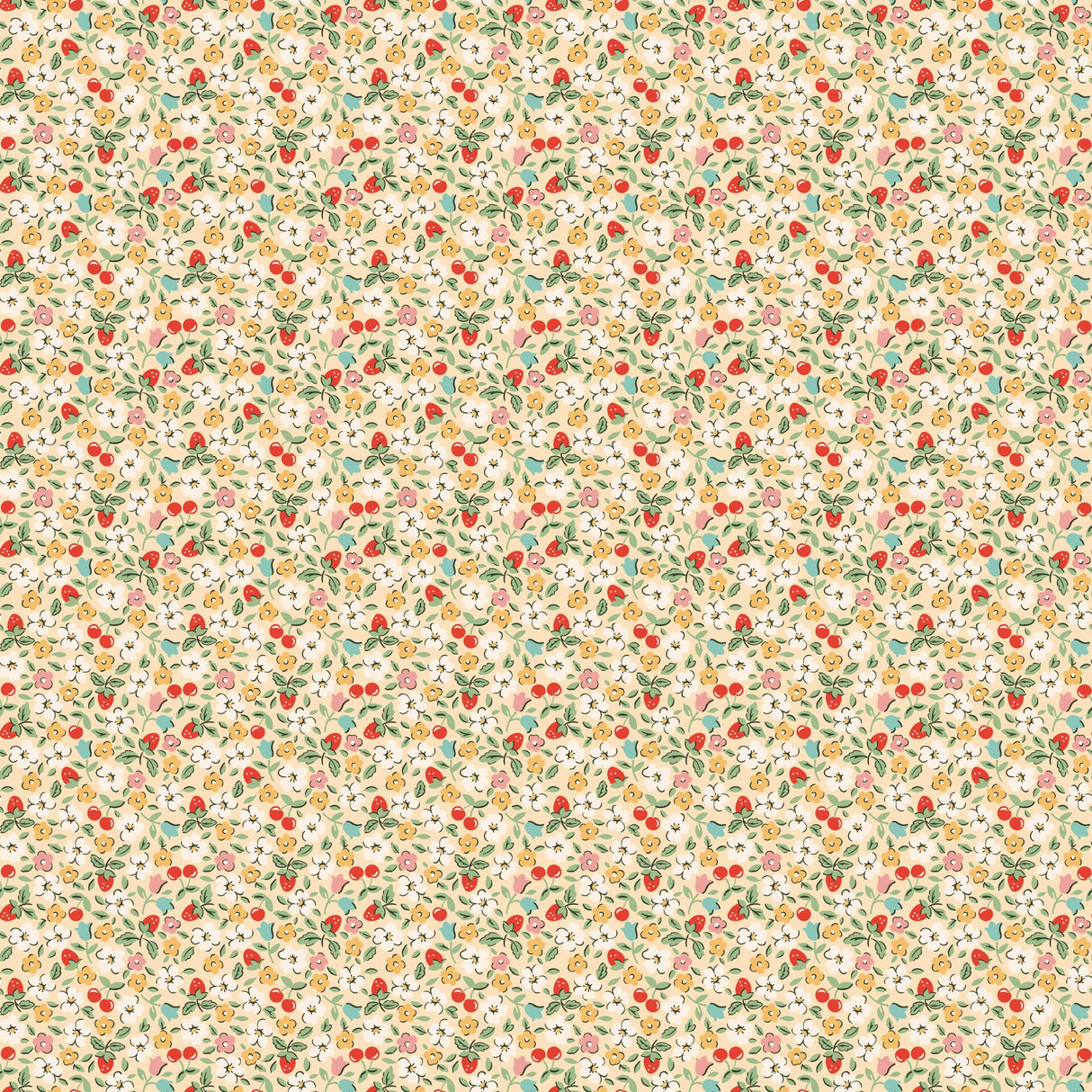 The image is a repeating pattern of various colorful flowers and leaves, creating a visually appealing and vibrant design.