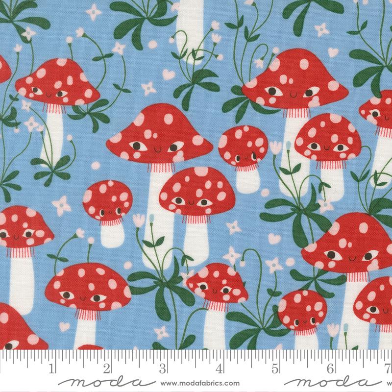 a pattern of red and white spotted mushrooms against a blue background with green leaves and flowers.