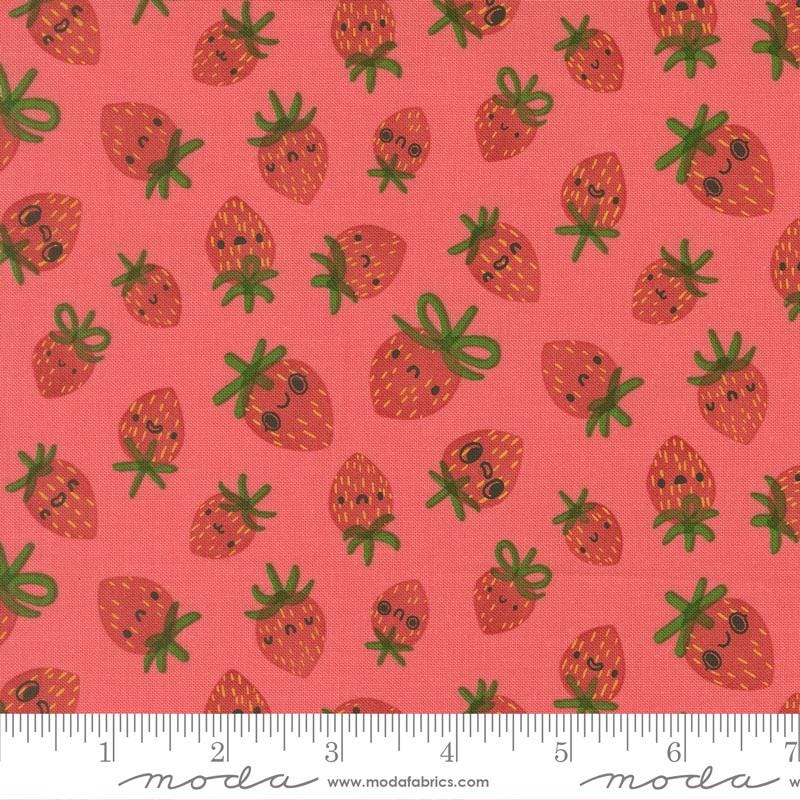a repeating pattern of cartoon-style strawberries on a pink background.