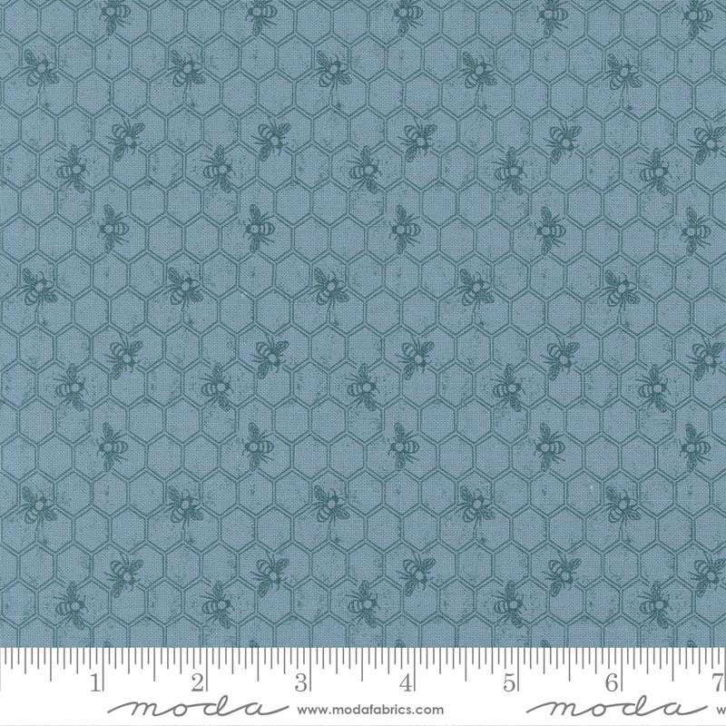 a repeating pattern of hexagons with small bee illustrations on a blue background.