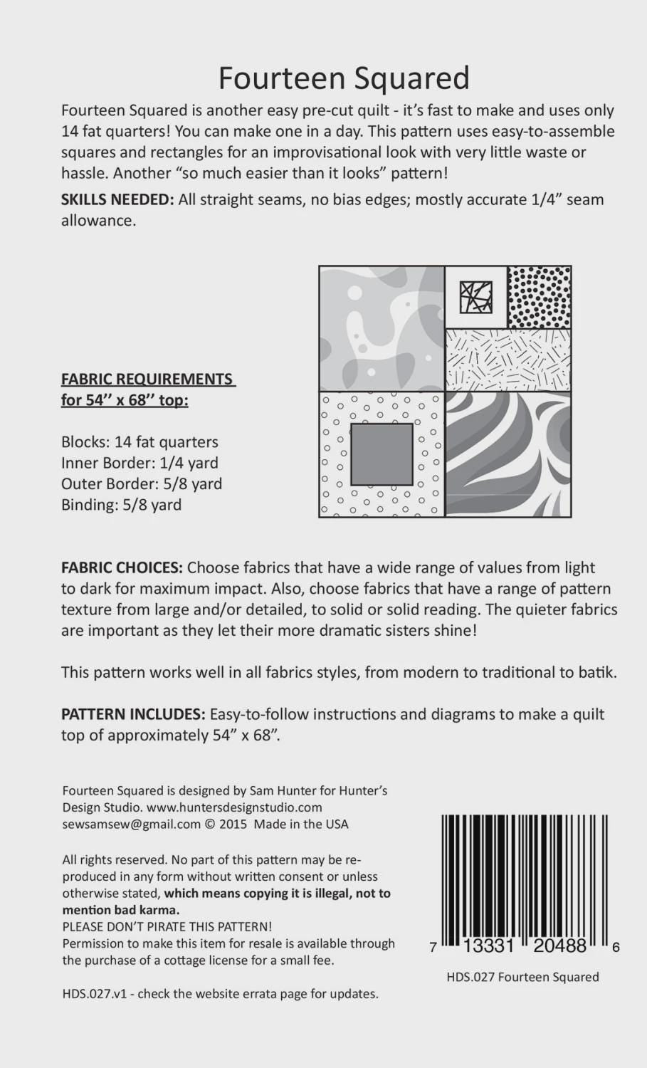 Fourteen Squared Quilt Pattern Printed Paper only # HDS-027 from Hunter's Design Studio By, Sam Hunter, Fat quarter friendly