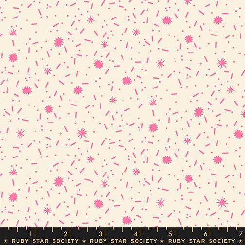 The image is a pattern of pink stars and dots on a light beige background.