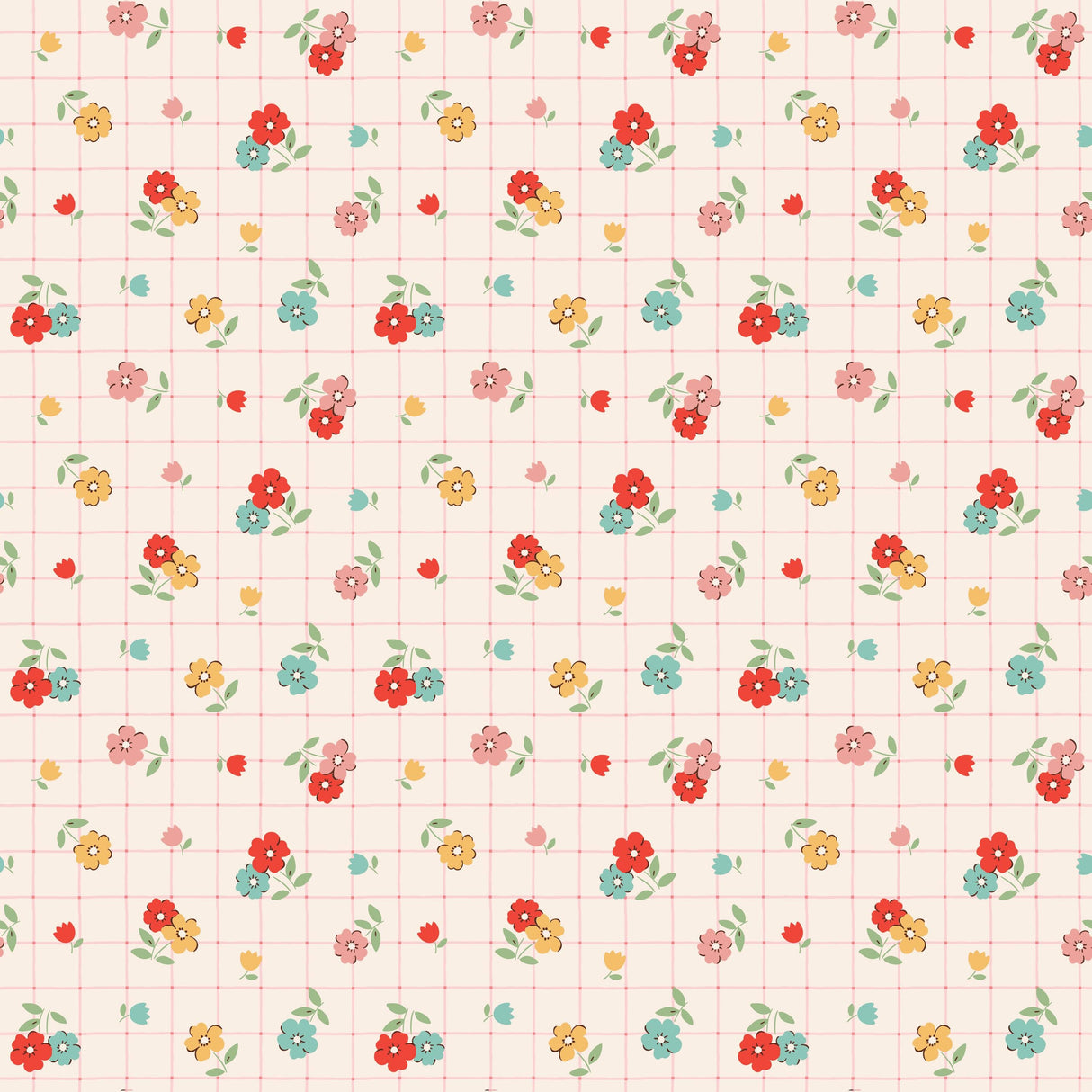 a repeating pattern of colorful flowers and leaves on a grid background.