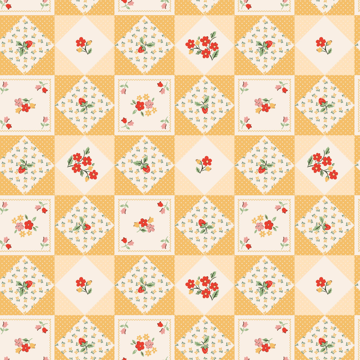 The image is a repeating pattern of small square tiles arranged in a grid-like fashion. Each tile features a floral design in shades of yellow and white, with red flowers and leaves. The pattern repeats itself across the entire image, creating a visually cohesive and harmonious design.