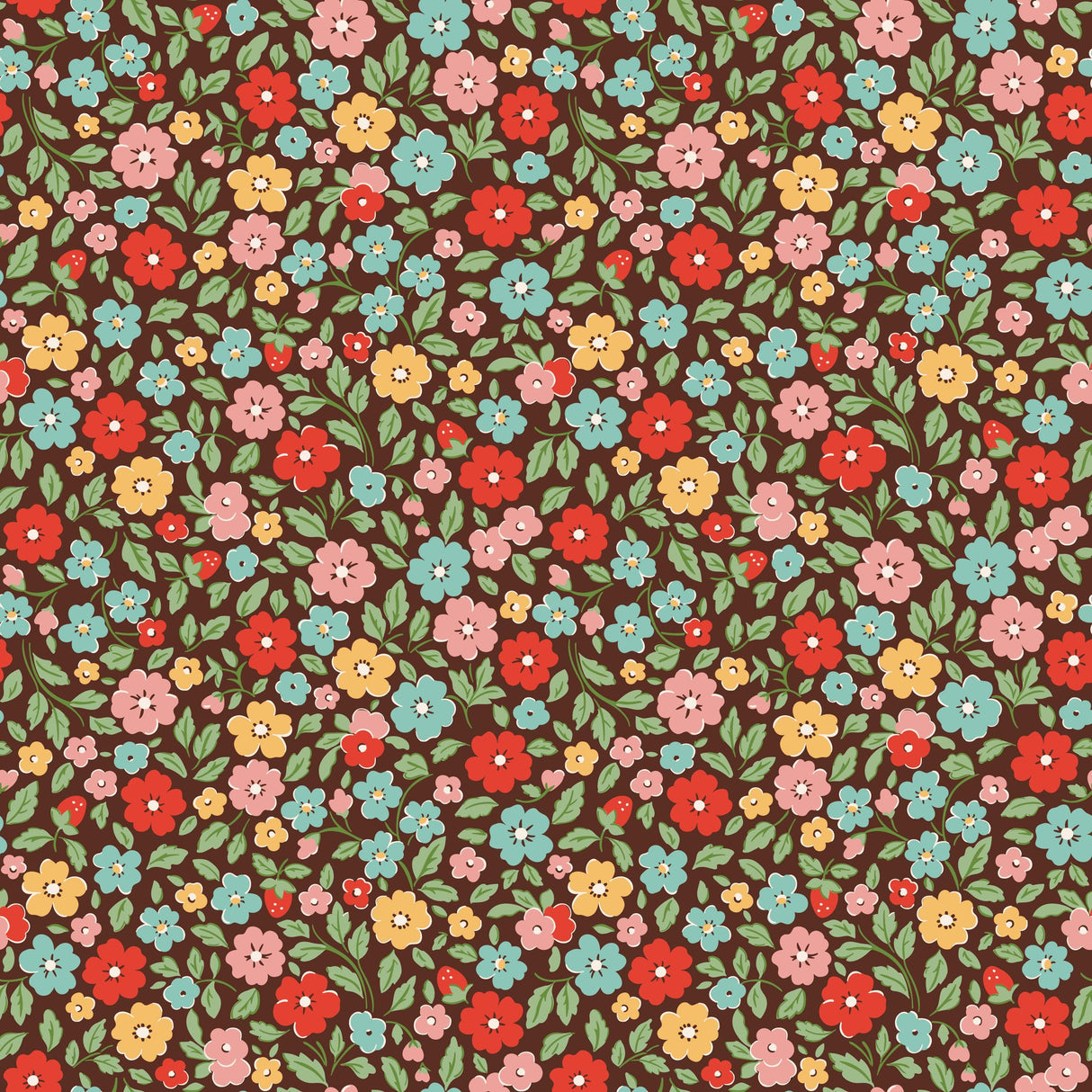 The image is a seamless pattern of various colorful flowers and leaves, including red, pink, yellow, blue, and green flowers, all set against a dark brown background.