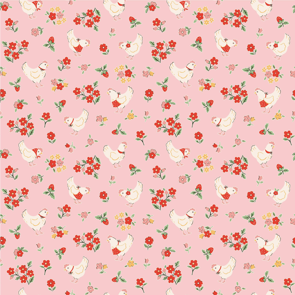 a repeating pattern of white birds, flowers, and leaves on a pink background.