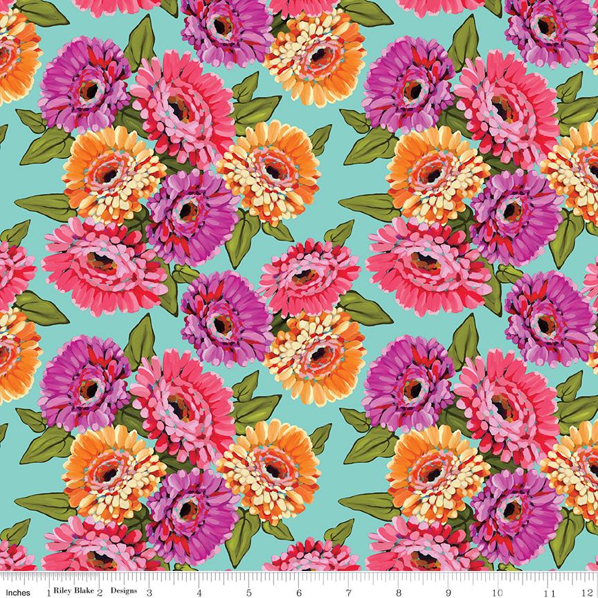 Zinnias Main Aqua Yardage CD16690-Aqua by Lila Tueller Sold in 1/2 yard increments cut continuously