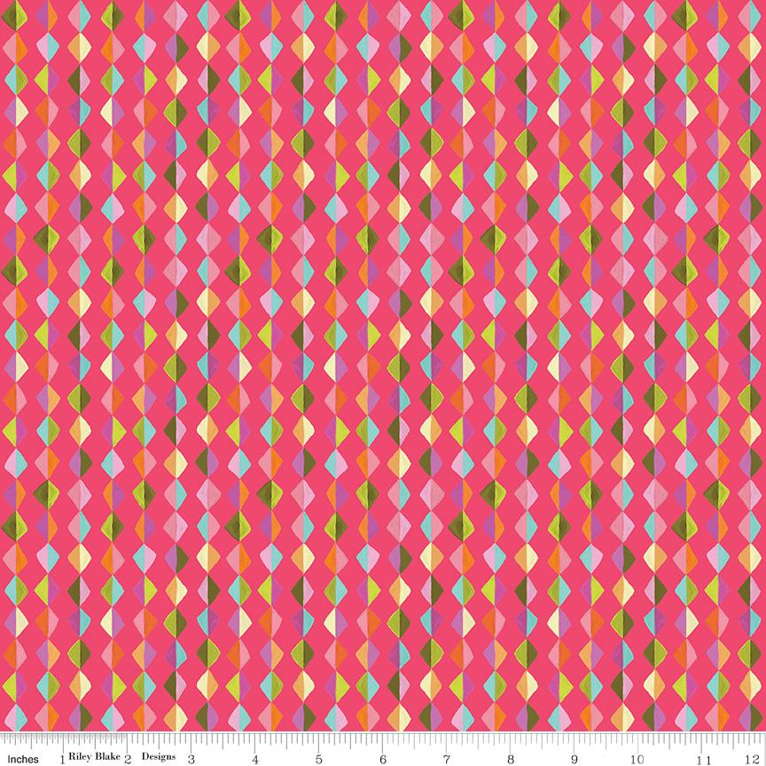 a vibrant, colorful pattern of geometric shapes, including triangles and diamonds, arranged in a repeating diagonal grid. The pattern is predominantly pink, green, and orange, creating a visually striking and dynamic design.