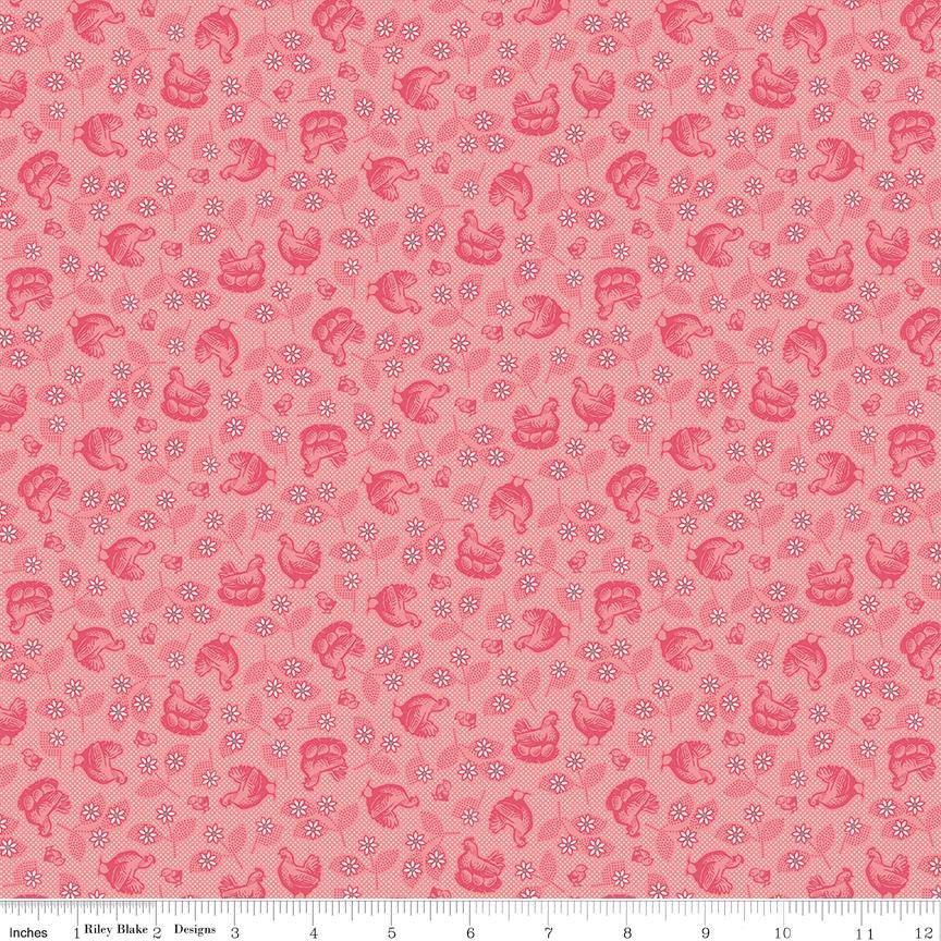 Farmers Daughter Hens and Chicks Coral C17160-Coral by Lori Holt for Riley Blake Sold in 1/2 yard increments