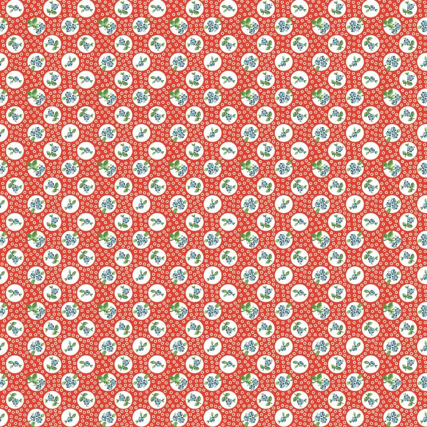 The image is a repeating pattern of red circles with white flowers and leaves on a red background.