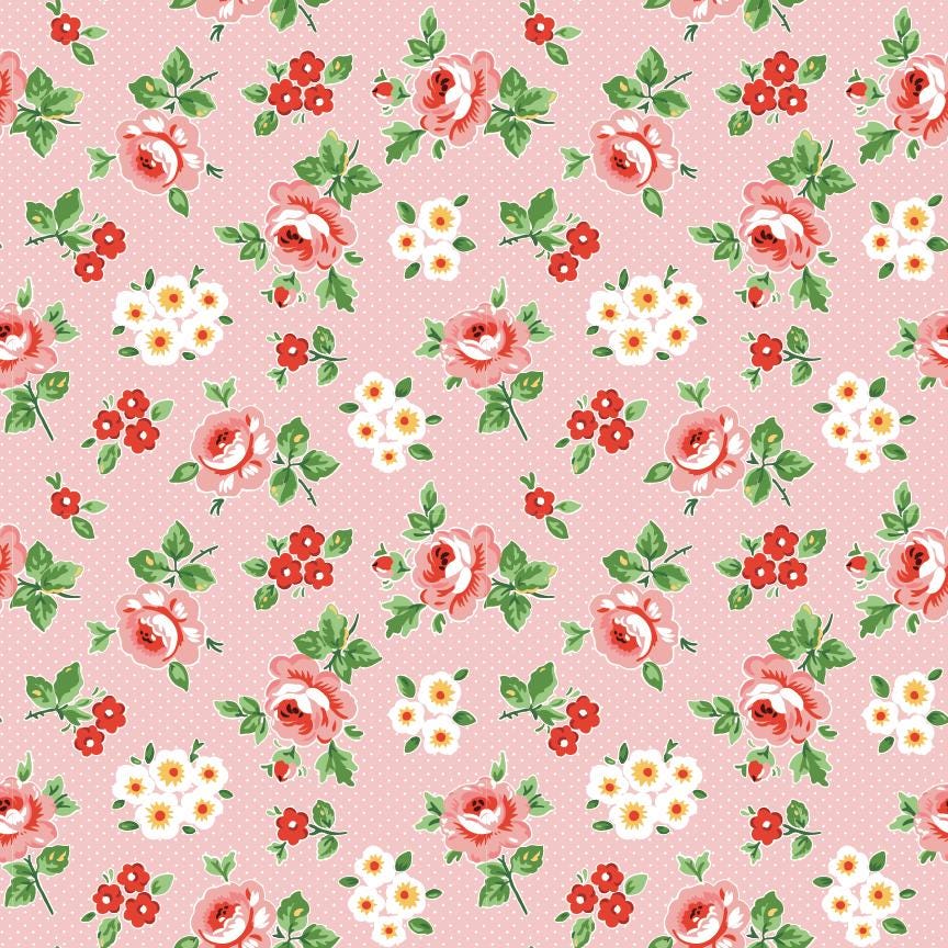 The image is a repeating pattern of pink flowers with white and red accents, arranged in a grid-like fashion against a pink background.
