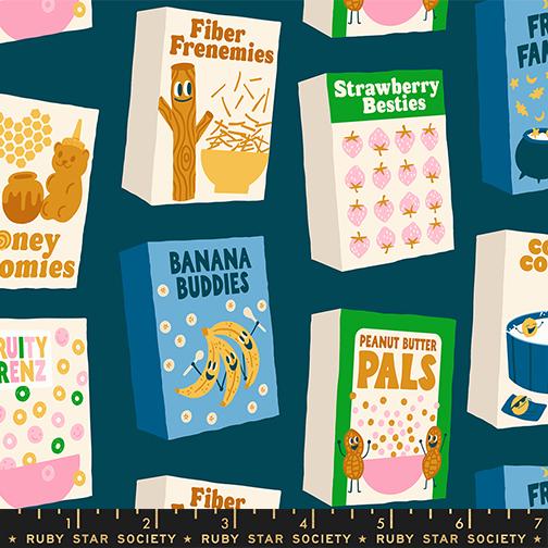 a collection of colorful cereal boxes with various cartoon characters and text, including "Fiber," "Banana Buddies," "Peanut Butter Pals," and "Strawberry Besties."