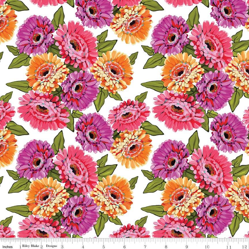Zinnias Main White Yardage CD16690-White by Lila Tueller Sold in 1/2 yard increments cut continuously