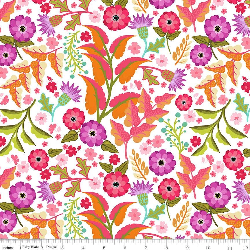 The image is a vibrant and colorful pattern featuring various flowers, leaves, and other natural elements in shades of pink, purple, orange, and green. The pattern is arranged in a repeating design, creating a visually appealing and dynamic composition.