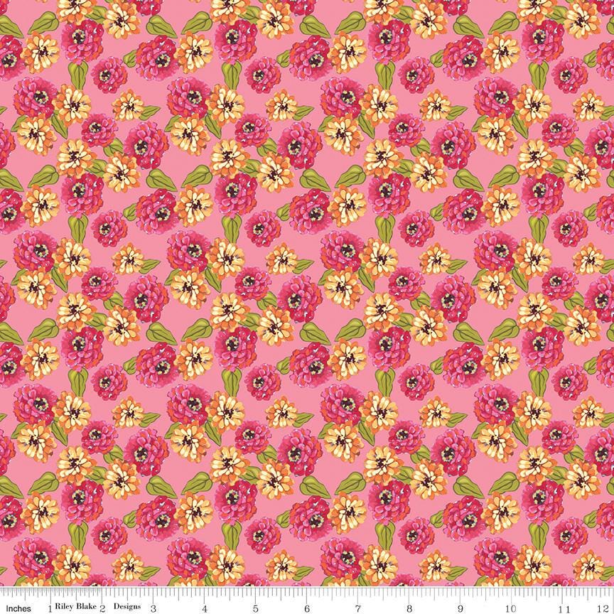 a repeating pattern of pink and yellow flowers with green leaves against a pink background.