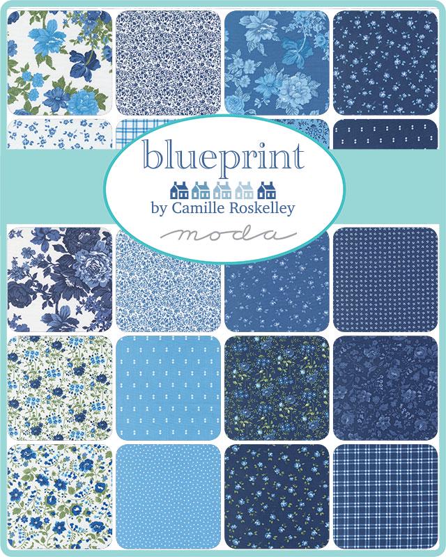 The image is a collection of various blue floral and geometric patterns, arranged in a grid format. The text "blueprint by Camille Roskelley" is displayed in the center, indicating the designer of the pattern.