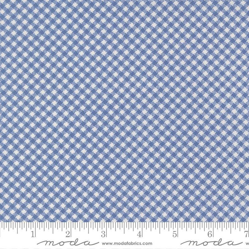 a close-up view of a fabric with a blue and white checkered pattern. The fabric appears to be made of a woven material, with a repeating pattern of small white squares or stars. The fabric is displayed on a ruler for scale, indicating its size. The image does not contain any text or additional objects, and the focus is solely on the fabric's pattern and texture.
